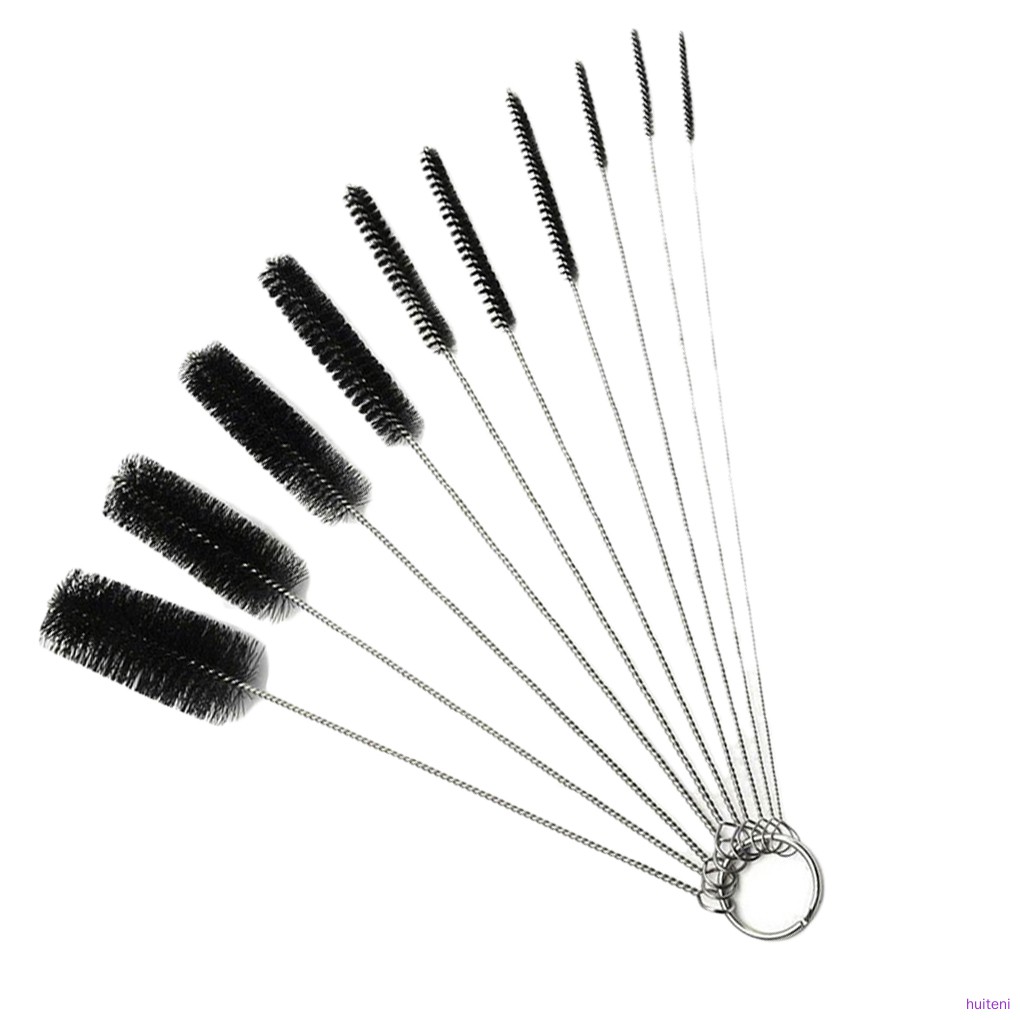 10pcs/set Nylon Brush Multi-Functional Cleaning Tools Drink Straws Sewing Machine Cleaning Brush, Black  huiteni