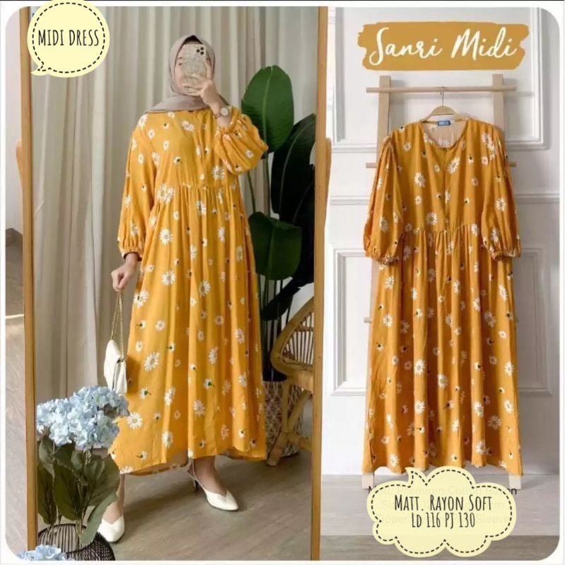 MIDI RAYON SANRI KUNING | DRESS JUMBO MOTIF BUNGA SUNRISE | MAXI XL