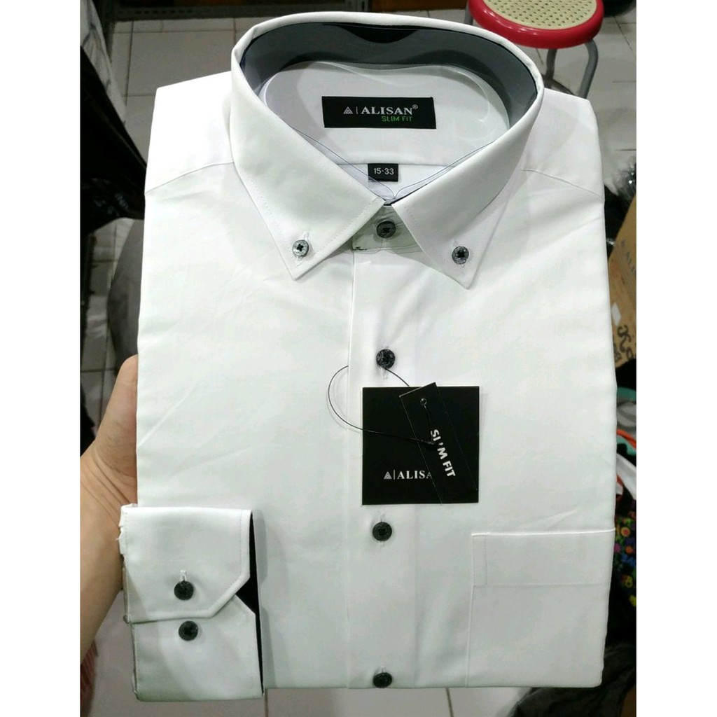 kemeja Alisan putih polos panjang slim fit kombinasi