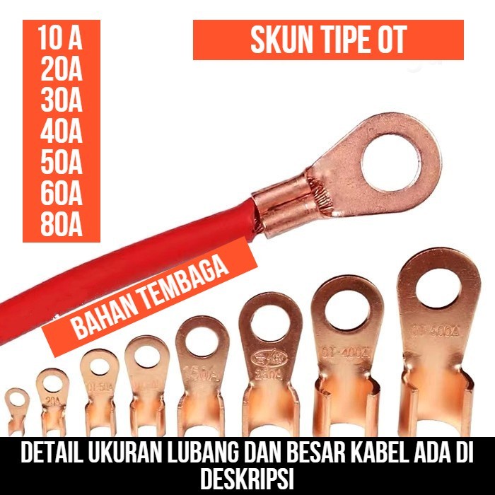 Skun OT-10A 20A 30A 40A 50A 60A 80A Kabel Terminal Tembaga