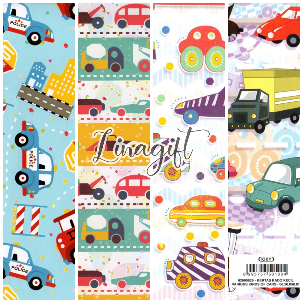 ( 5 Lembar ) CARS KIKY - KERTAS KADO - GIFT WRAPPING PAPER CONSTRUCTION CAR / MOBIL KONSTRUKSI / KIDS / BOY / MOBIL / RACING