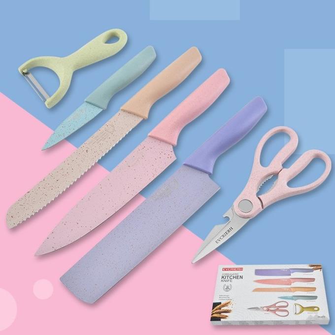 Set Pisau 6 in 1 - Pisau Stainless Kitchen Set Knife Evcrierh Pastel