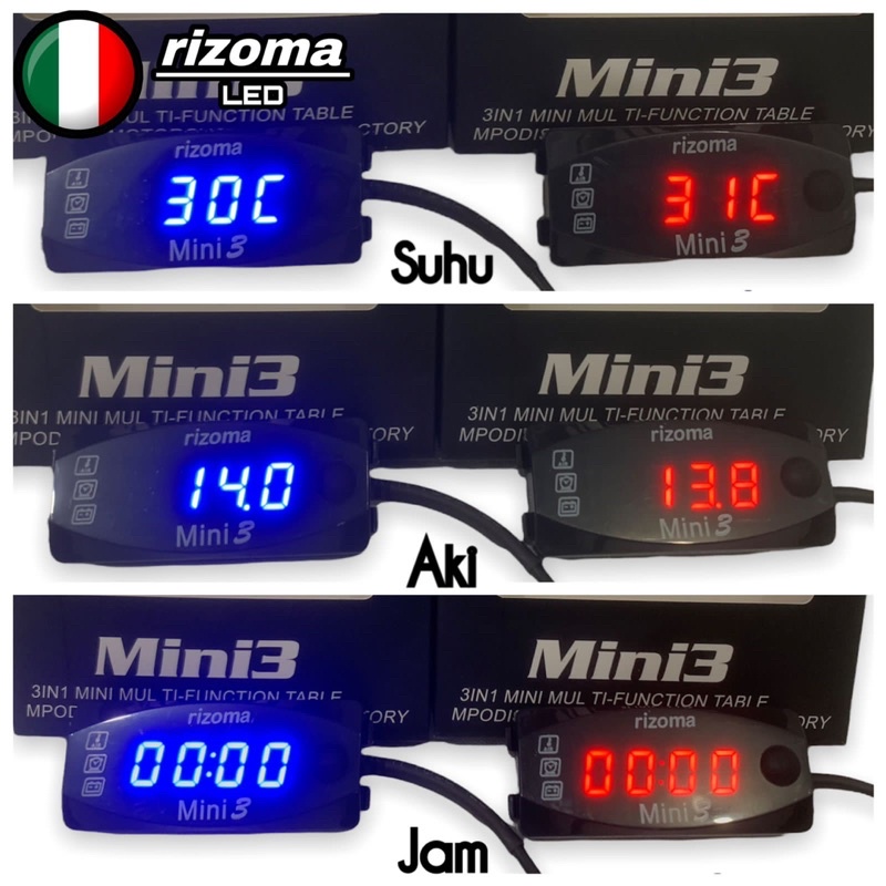 Volt Meter 3in1 Dan 2in1 Rizoma / Pengukur Suhu Amper Aki Dan Jam Kualitas Terbaik Dan Nyala Lampu Super Terang Mj 86