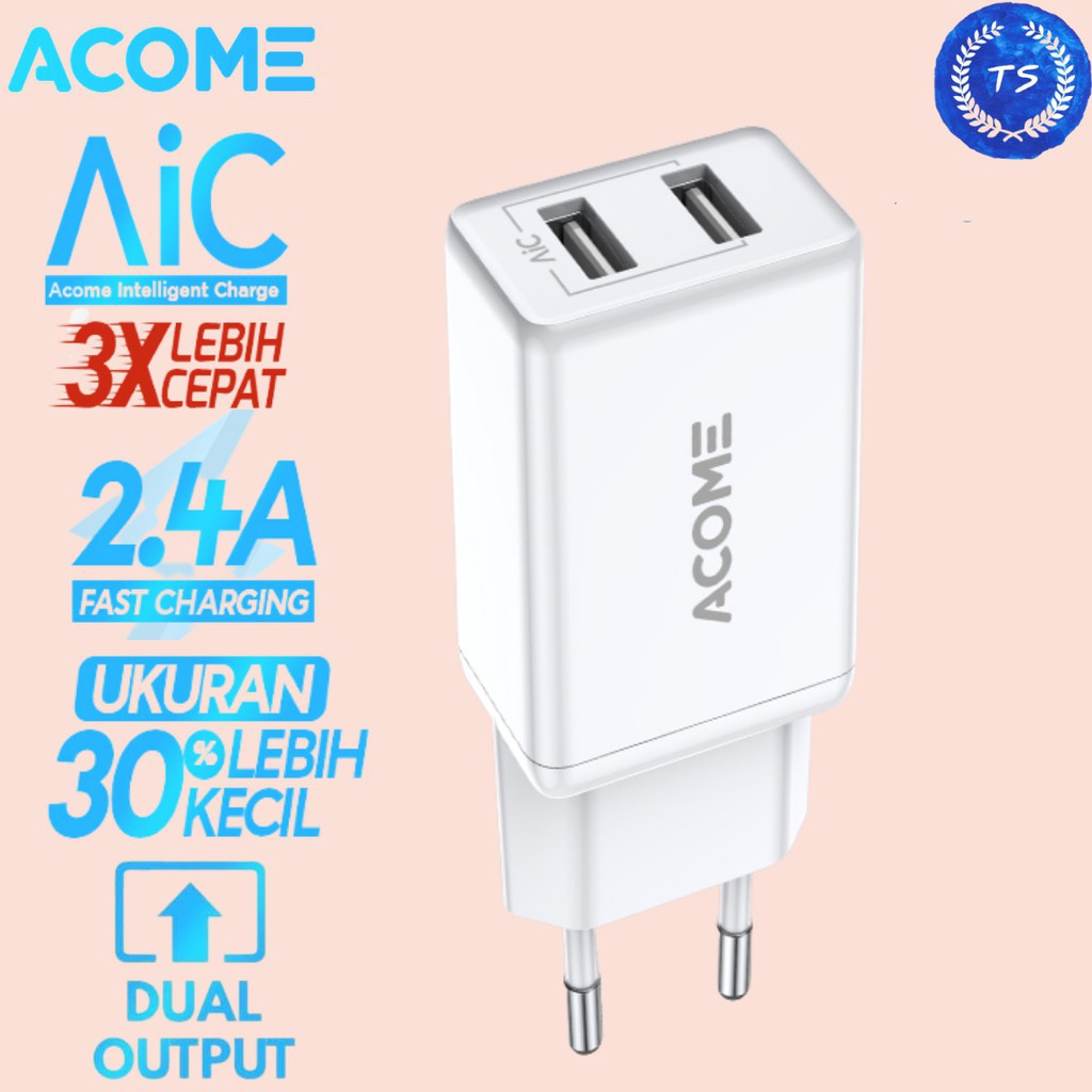 CHARGER ACOME AC03 ADAPTOR ORIGINAL 2.4 A AIC FAST CHARGING 2 PORT MICROP USB