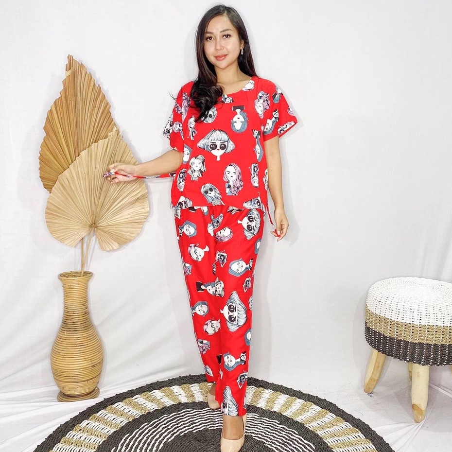 Daster Babydoll Panjang Bali-SET PAN RETRO MERAH