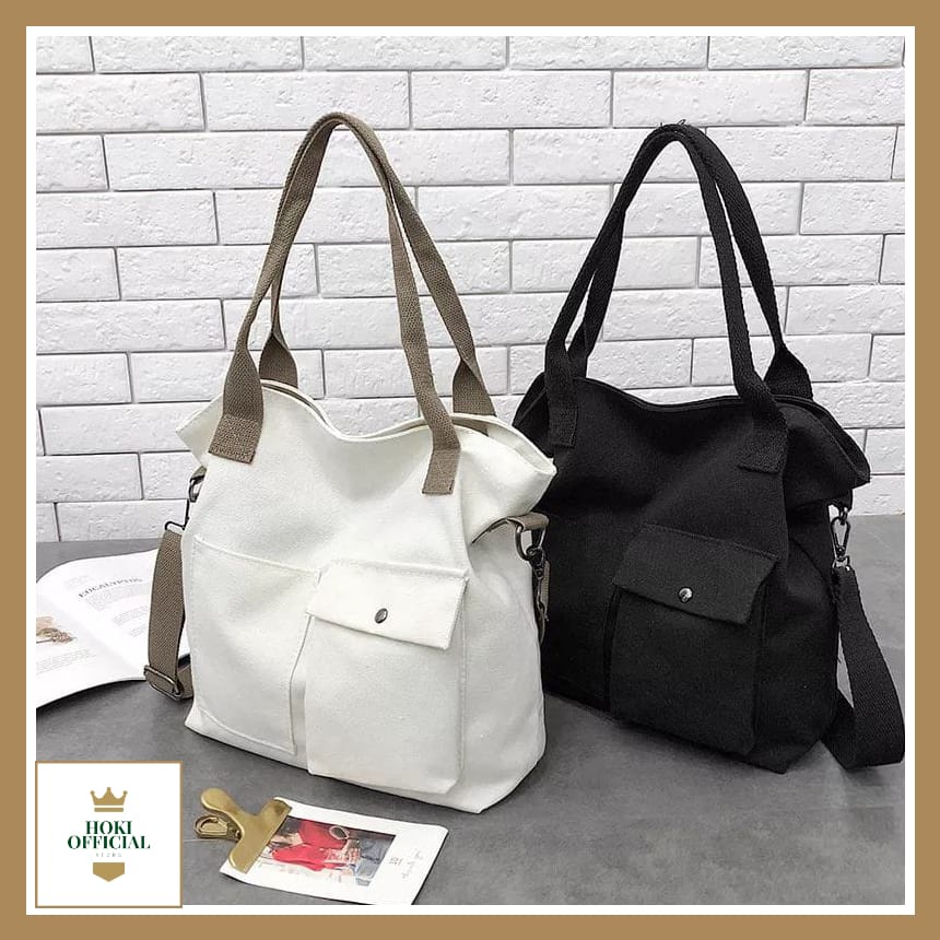 [COD] Tas Selempang Wanita Bahan Nilon Warna Putih Hitam Polos Ada Slot Laptop 16 Inch Tas Bahu Wanita Gaya Korea Trendy Stylish HokiOfficial