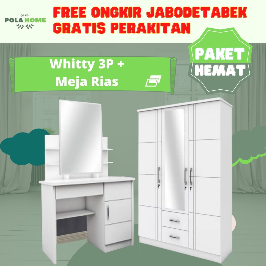 GRATIS ONGKIR + RAKIT Paket Hemat Furniture Ruang Kamar Lemari Pakaian 3Pintu dan Meja Rias