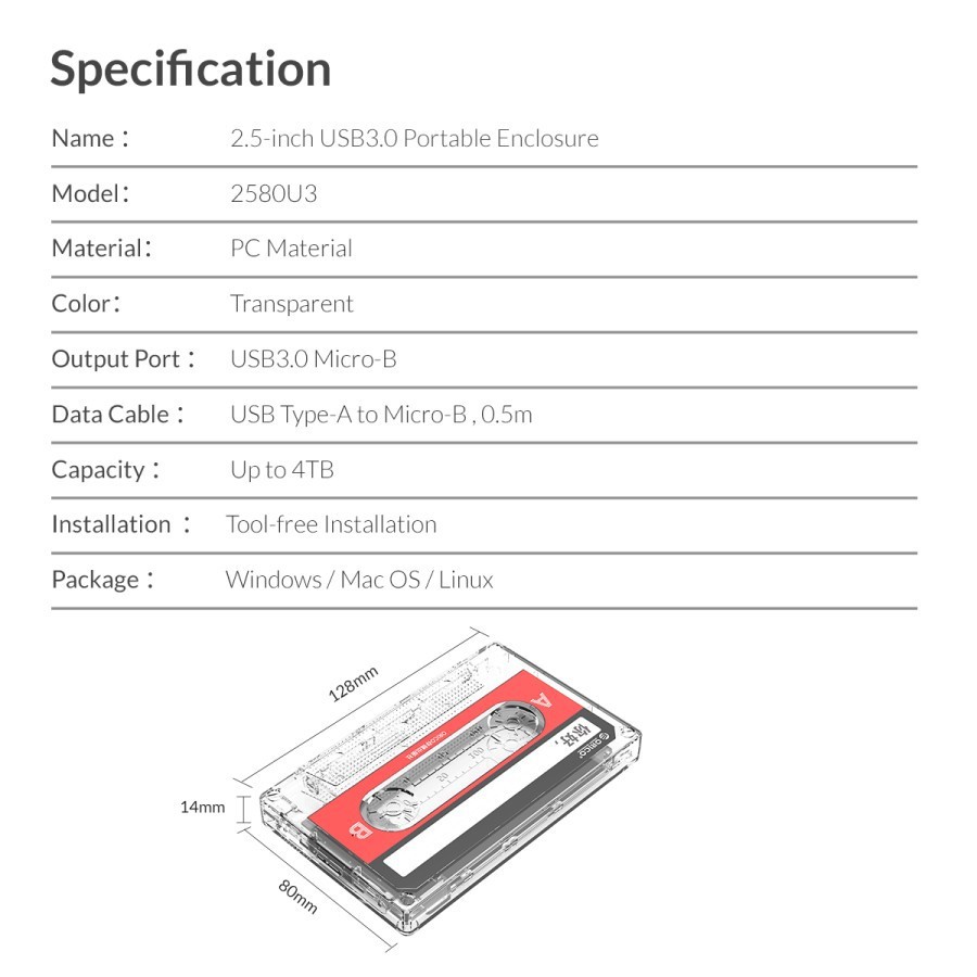 Orico 2580U3 2.5&quot; USB3.0 Hard Drive Enclosure