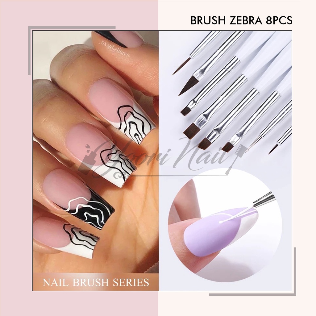 Kuas zebra brush kuas acrylic kuas gel brush 8pcs set acrylic brush dotting