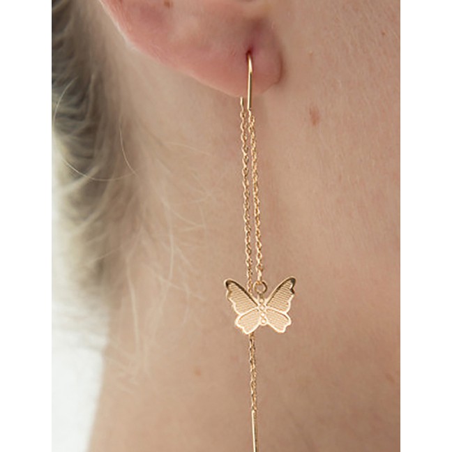 LRC Anting Tusuk Fashion Gold Color Butterfly Chain Alloy Earrings P09432