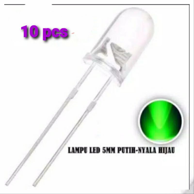 LED 5mm Putih Nyala Hijau 10 pcs