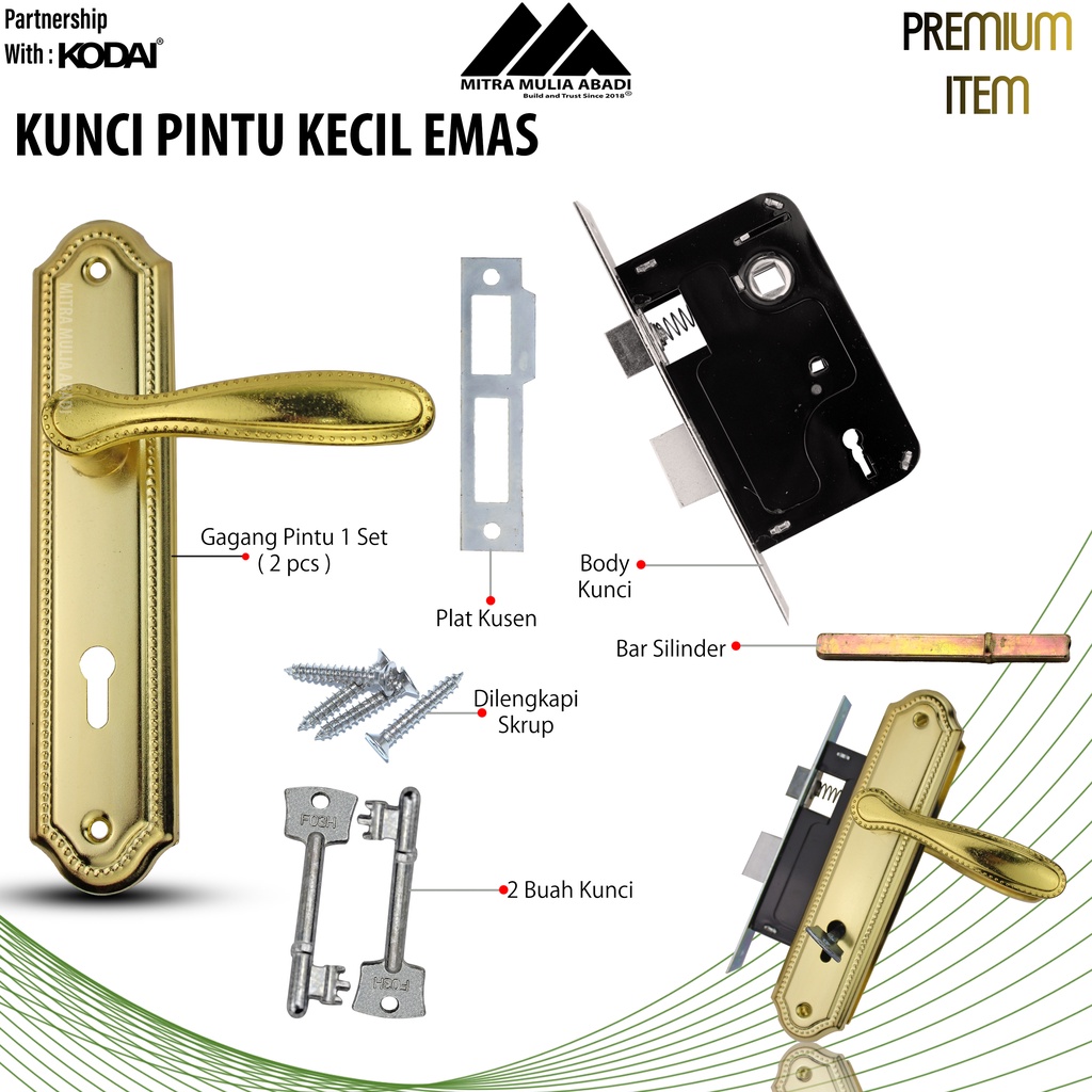 Kunci Pintu Kecil Emas Antik TOP Safety Lock | Komplit Full Set