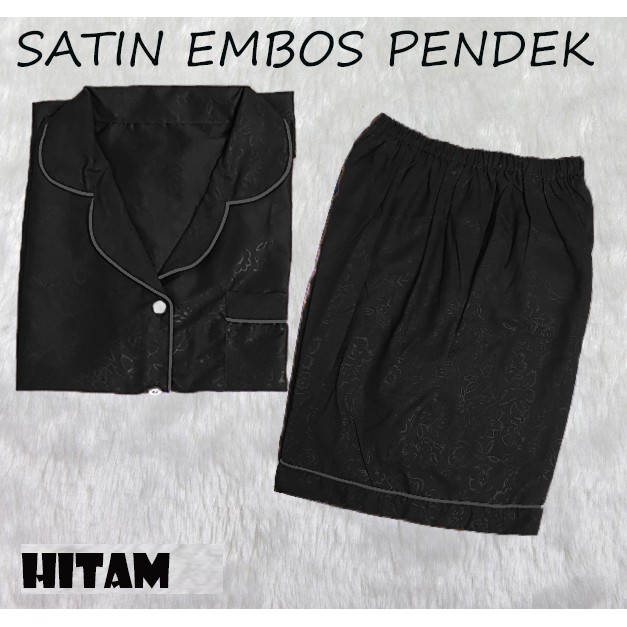 RottenKlass PP Piyama Saten Sleepwear Stelan Baju Tidur Lengan Pendek Celana Pendek Satin Embos-HITAM
