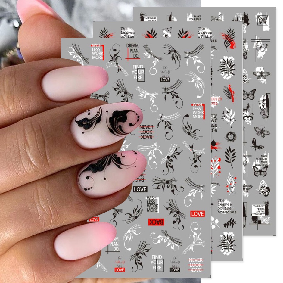 1 Lembar Stiker Kuku 3D Motif Bunga / Kupu-Kupu / Huruf / Geometri Warna Hitam / Putih Untuk Nail Art DIY