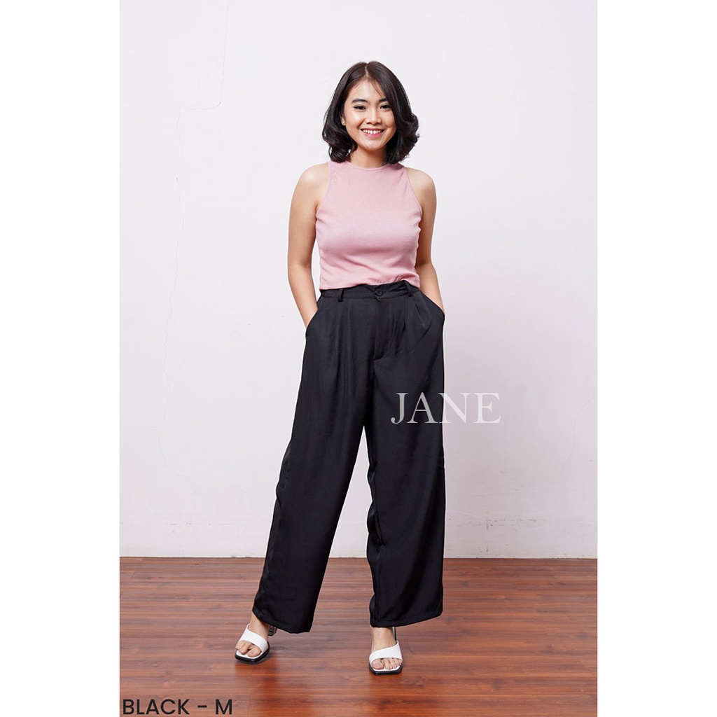 JANE COLLECTION || Celana Kain Formal Kerja Wanita Kulot High Waist Fashion Celana Panjang Jumbo Kantor Korea Bahan Pinggang Karet Kancing - Korean Longpants Ara BIGSIZE M L XL XXL Hitam Putih Olive Khaki Cream Choco