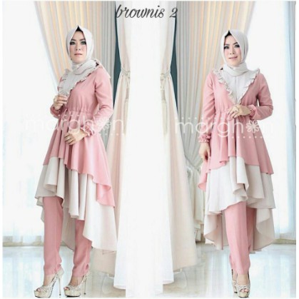 Recomended - SETELAN BROWNIE Stelan Kamila tunik panjang set celana anggun cantik mewah hijaber mile