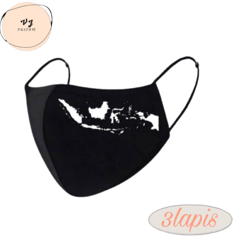 Masker PETA INDONESIA  hitam 3PLY / masker kain 4D / bomber / 3 lapis  earloop / EVO / pria wanita