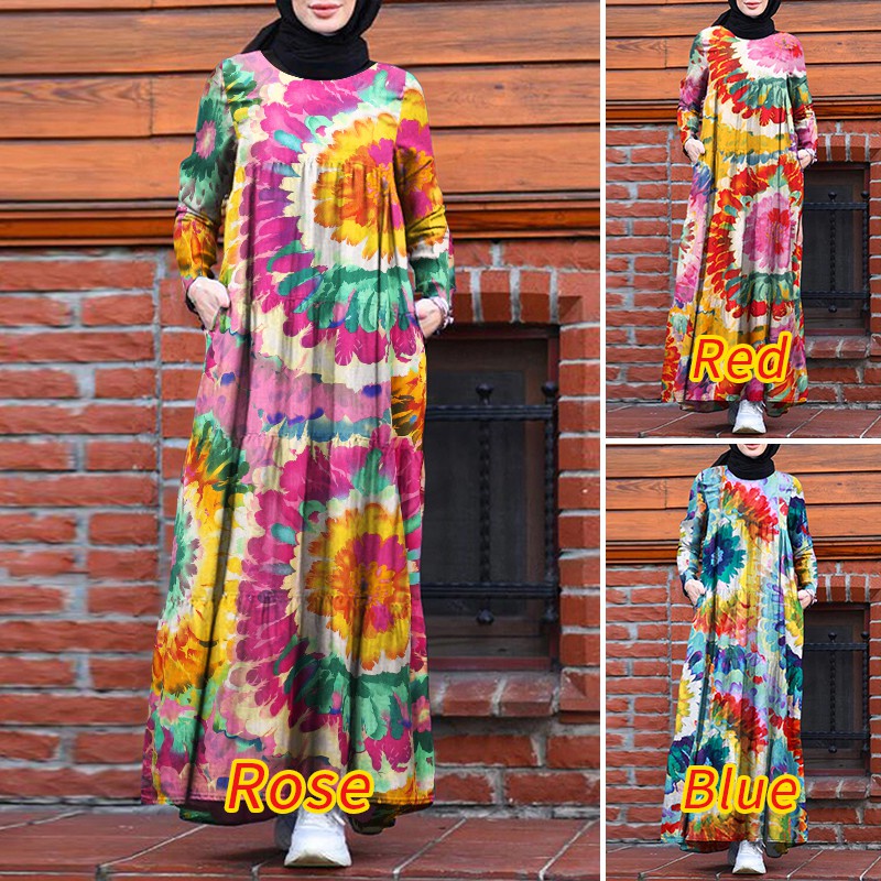 ZANZEA Women Long Sleeve Back Zipper Multi-Color Muslim Long Dress