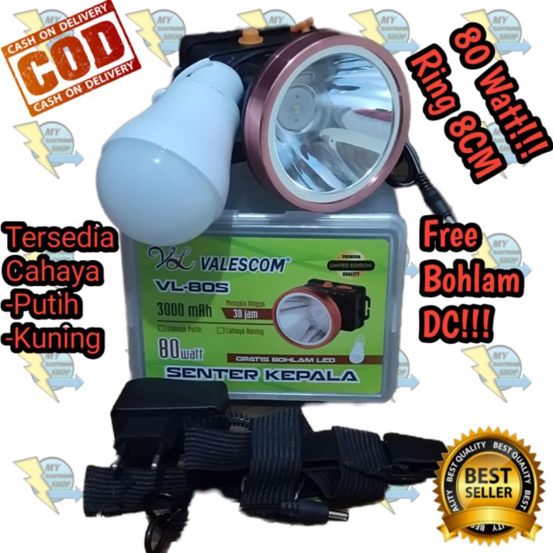 Senter Kepala LED 80Watt Free bohlam DC Headlamp 80 Watt LED CAHAYA PUTIH/KUNING VALESCOM 80W LED VL-80S