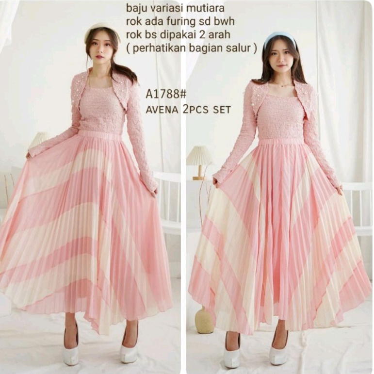 1788 Set2in1 Setelan baju atasan blouse kerja lengan panjang set rok Maxi skirt long plisket panjang