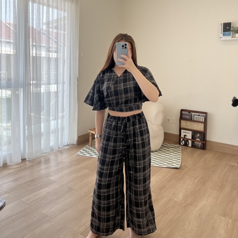 Linen Crop Set Panjang Wanita