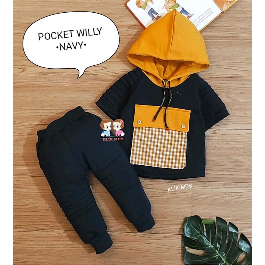 Setelan Anak Laki - Laki / Baju Bayi Laki- Laki Model Hoodie Lengan Pendek  Celana Panjang Ada Kantong Motif Pocket Willy