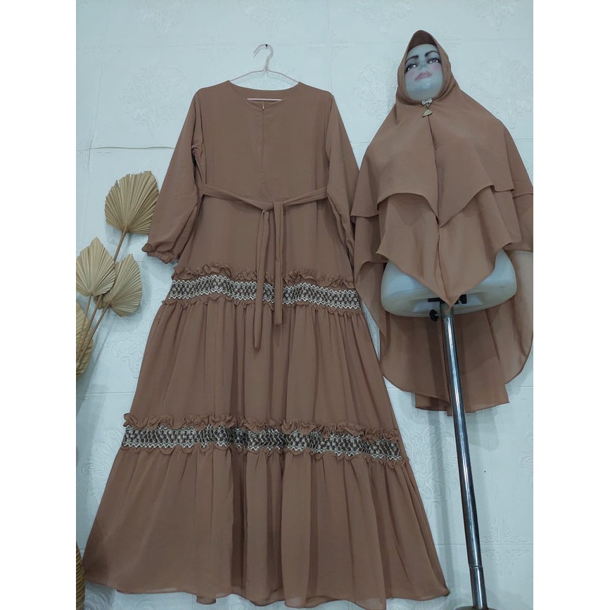 Gamis Ceruty Renda 2undak Terbaru Set Khimar | Gamis Syari Busui Ceruty Babydoll