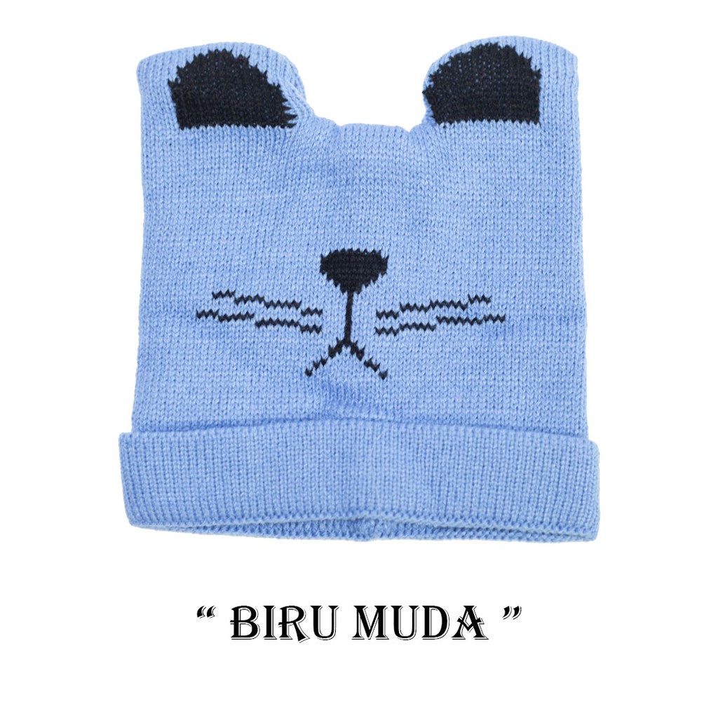 Kupluk Anak Bayi Cewek Cowok Karakter Kucing Polos / Bordir Nama Suka Suka-Biru Muda