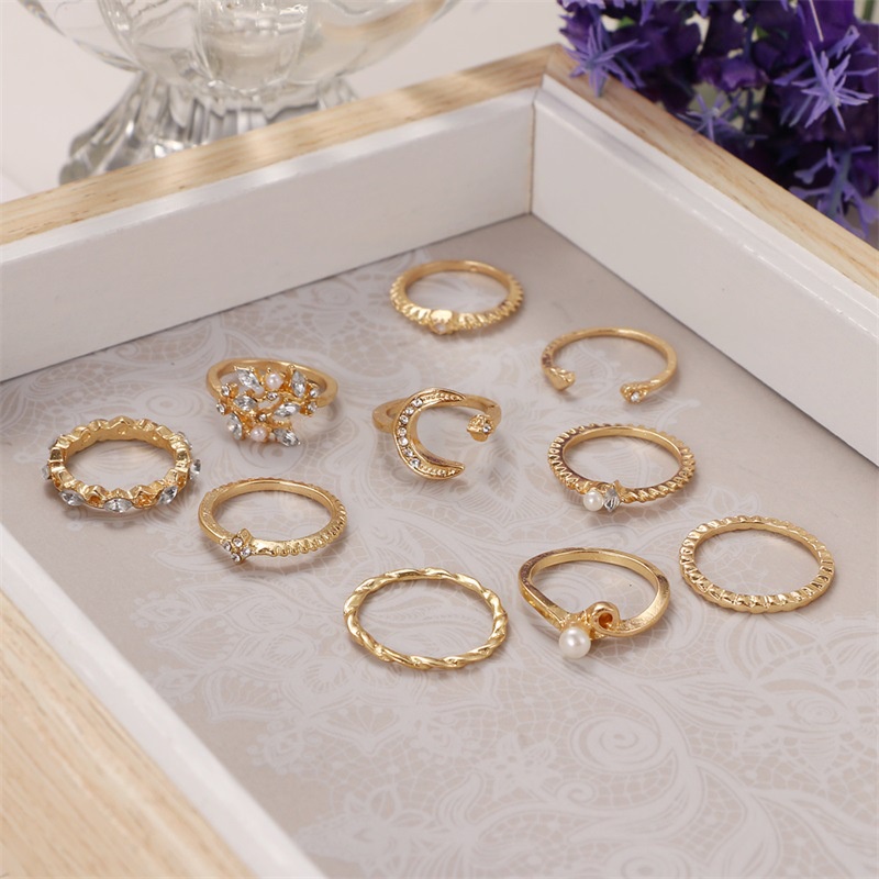 10 Piece Set Star Moon Ring Set Fashion Diamond Pearl Bohemian Set Ring for Women