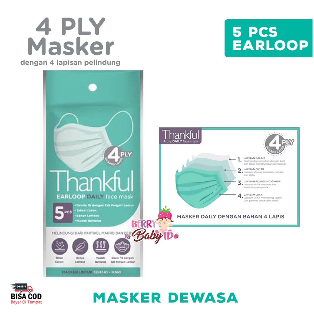 Thankful Masker Dewasa Isi 5 Pcs 4 Ply Masker Earloop Daily Face Mask Berry Mart