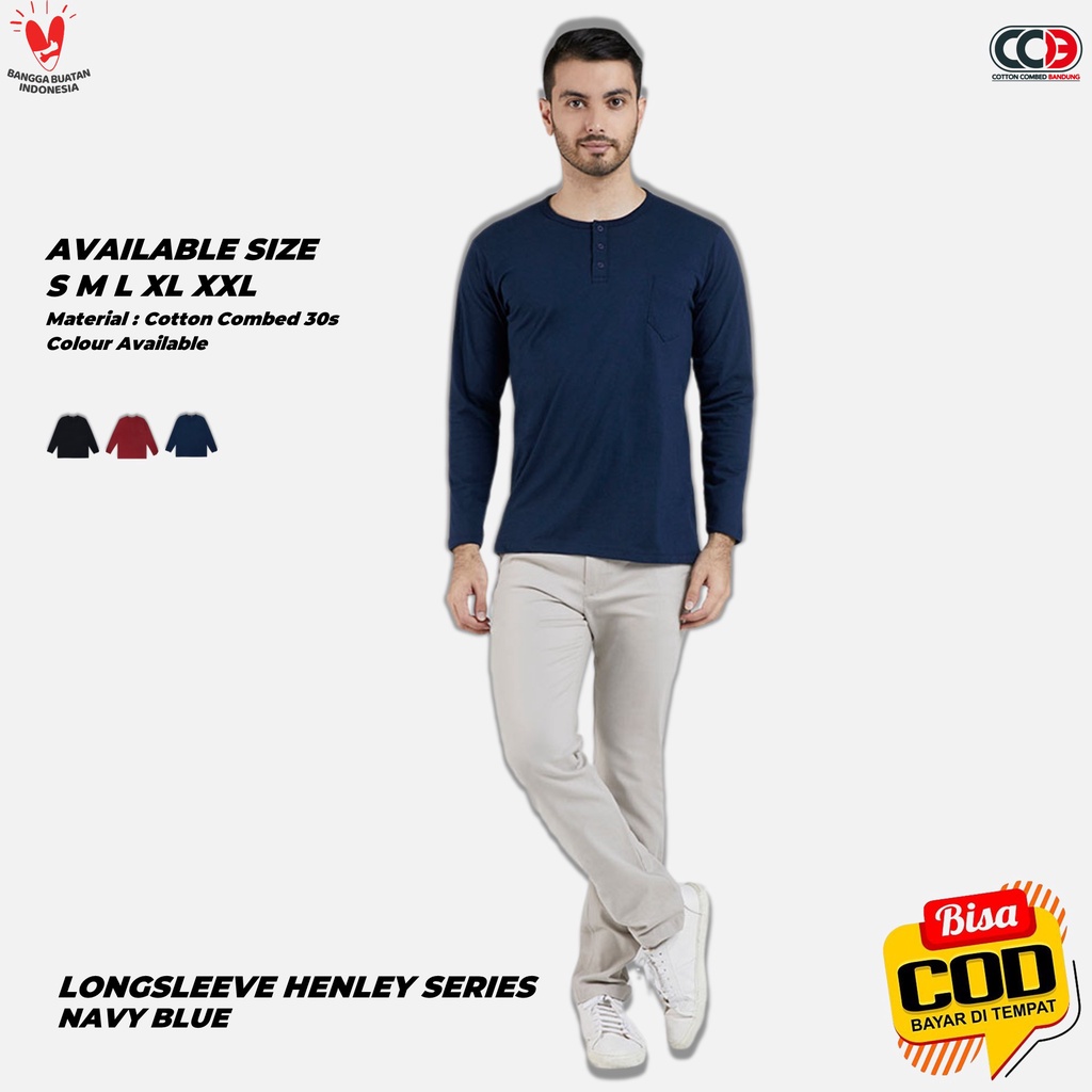 Kaos Polos Lengan Panjang Henley Navy Blue Cotton Combed 30s