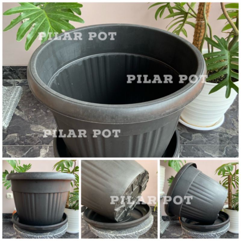 Pot bunga plastik hitam GRACE 35cm +tatakan bawah