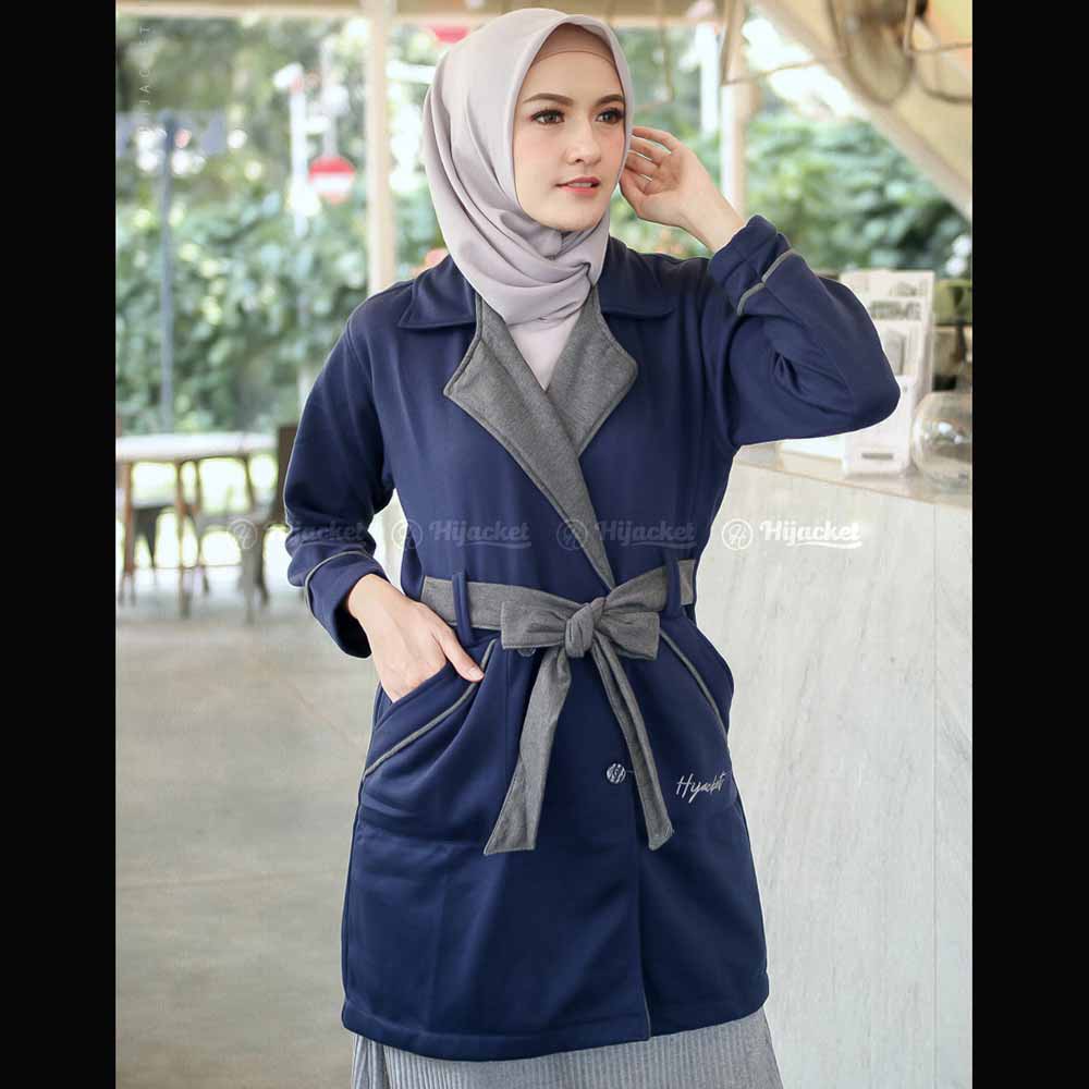 Jaket Jacket Panjang Wanita Cewek Muslimah Hijabers Fleece Kekinian Hijacket Jeket Fashion Modis ELN-Navy