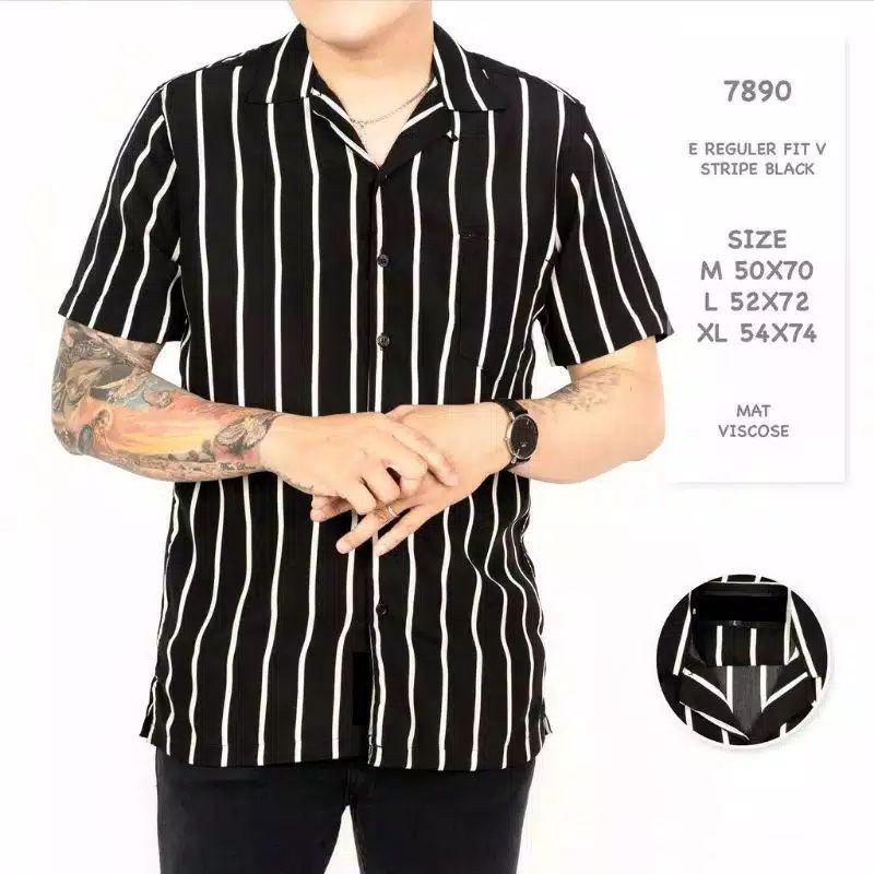 KEMEJA SALUR PRIA STRIPE LENGAN PENDEK COWOK