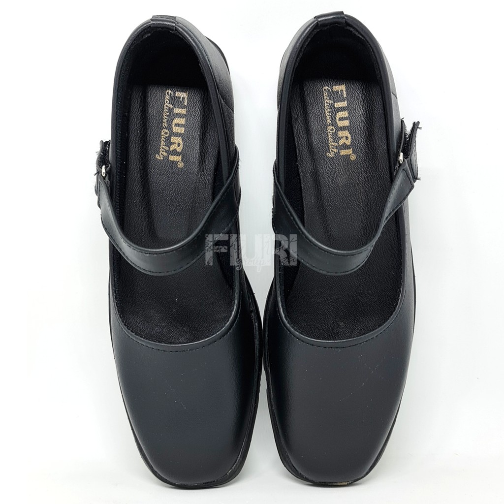 FIURI - SEPATU PANTOFEL SLIP ON HAK 3CM WANITA HITAM 36-43 BERTALI - SEPATU SEKOLAH WARNA HITAM PUTIH UPACARA PASKIBRA