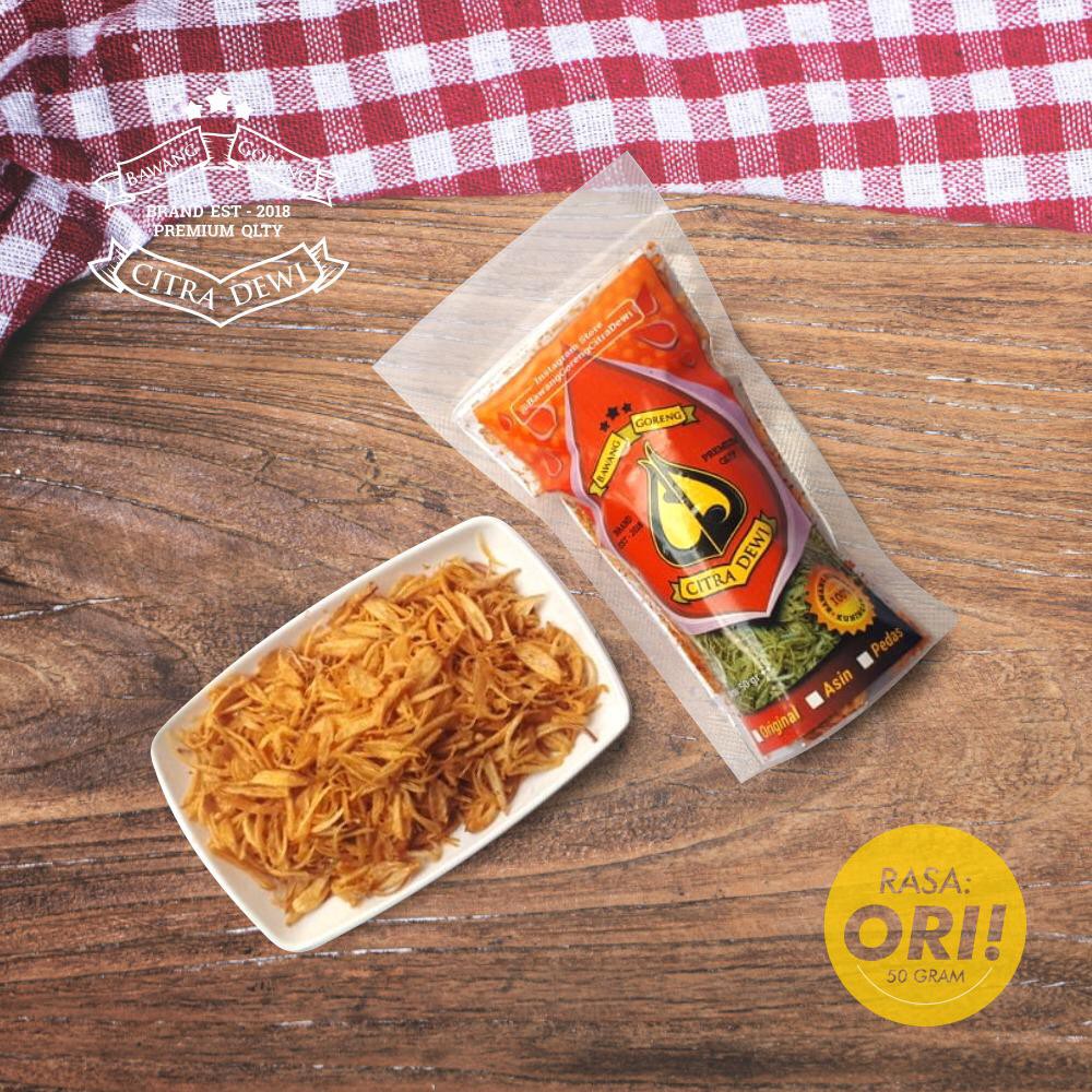 

Bawang Goreng Sumenep Asli Khas Kuningan Bawang Goreng Citra Dewi ORIGINAL, ASIN, PEDAS 50 gramo