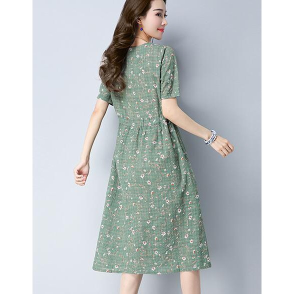 Dress Midi Model A-Line Lengan Flare Motif Print Bunga Gaya Korea untuk Wanita