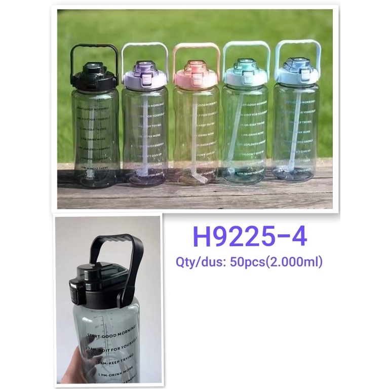 H9225-4 Botol Motivasi 2 Liter Bening Pegangan Anti Slip / Botol Minum Viral Jumbo 2000ml No Slip