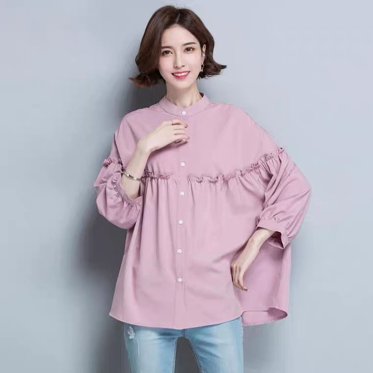 Aqila Ruffle Batwing Basic Blouse / Kemeja Atasan Ruffle Polos Shakilla