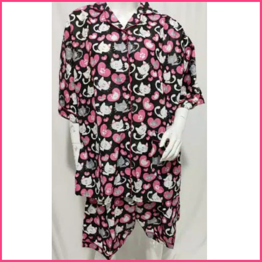 Piyama jumbo celana pendek/hotpant big size LD 130 / set baju tidur lengan pendek karakter cewek-HPJ/5L WHITE CAT