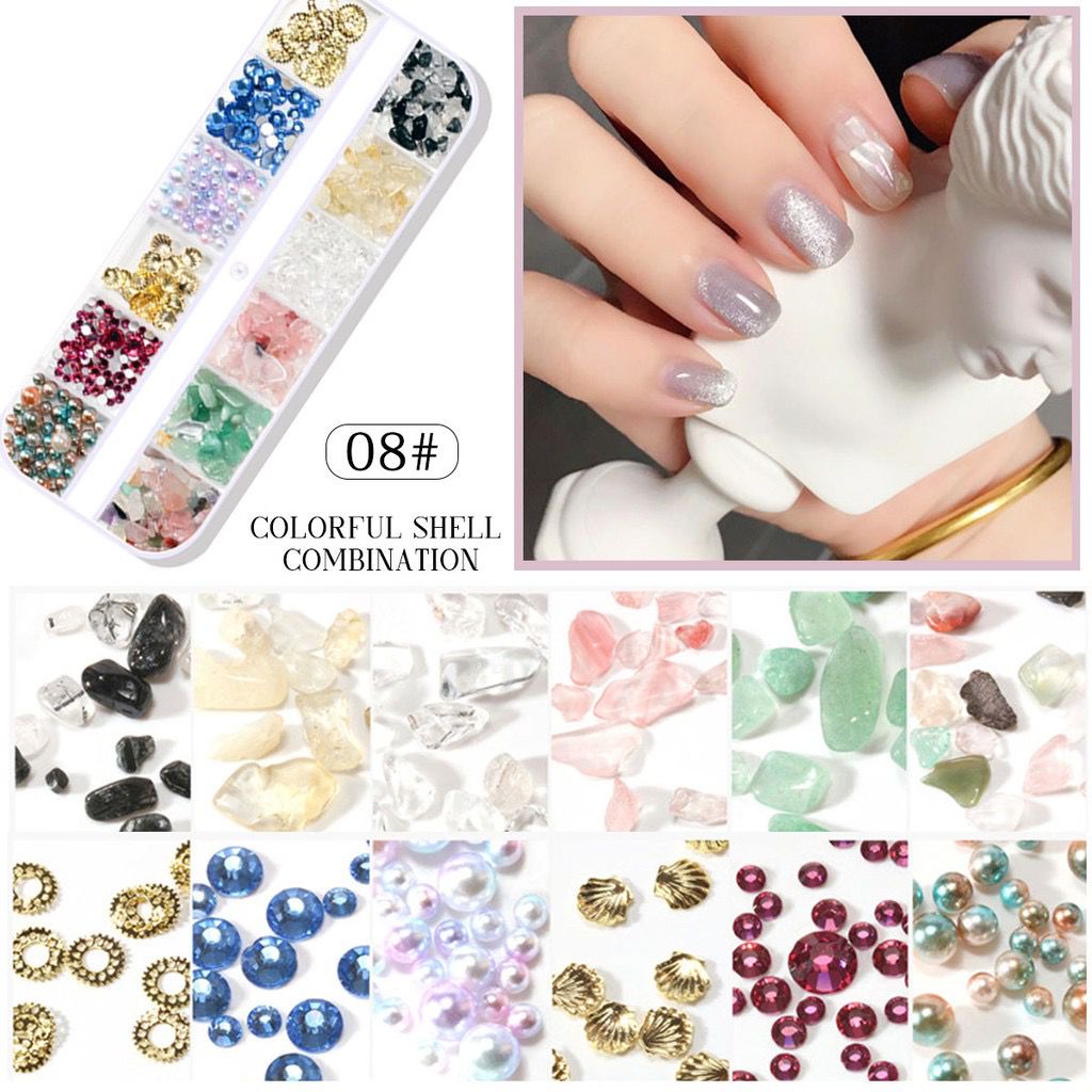 12Pcs Stone Gaya Jepang Metal Gold Hardware mix Clear / Rhinestone Nailart Seashell / Nail Charm Best Seller