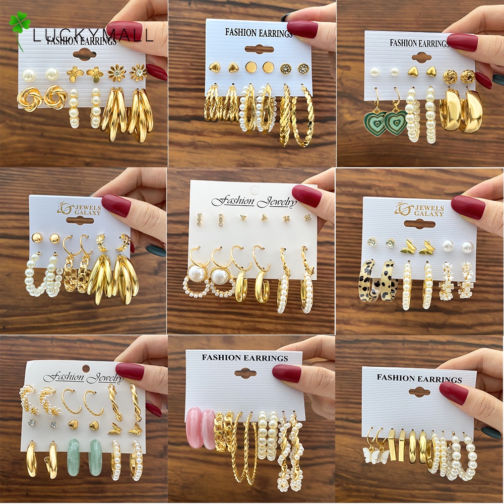 12pcs / Set Anting Tusuk Desain Kupu-Kupu / Bunga Bahan Metal Hias Mutiara / Berlian Untuk Wanita Butterfly