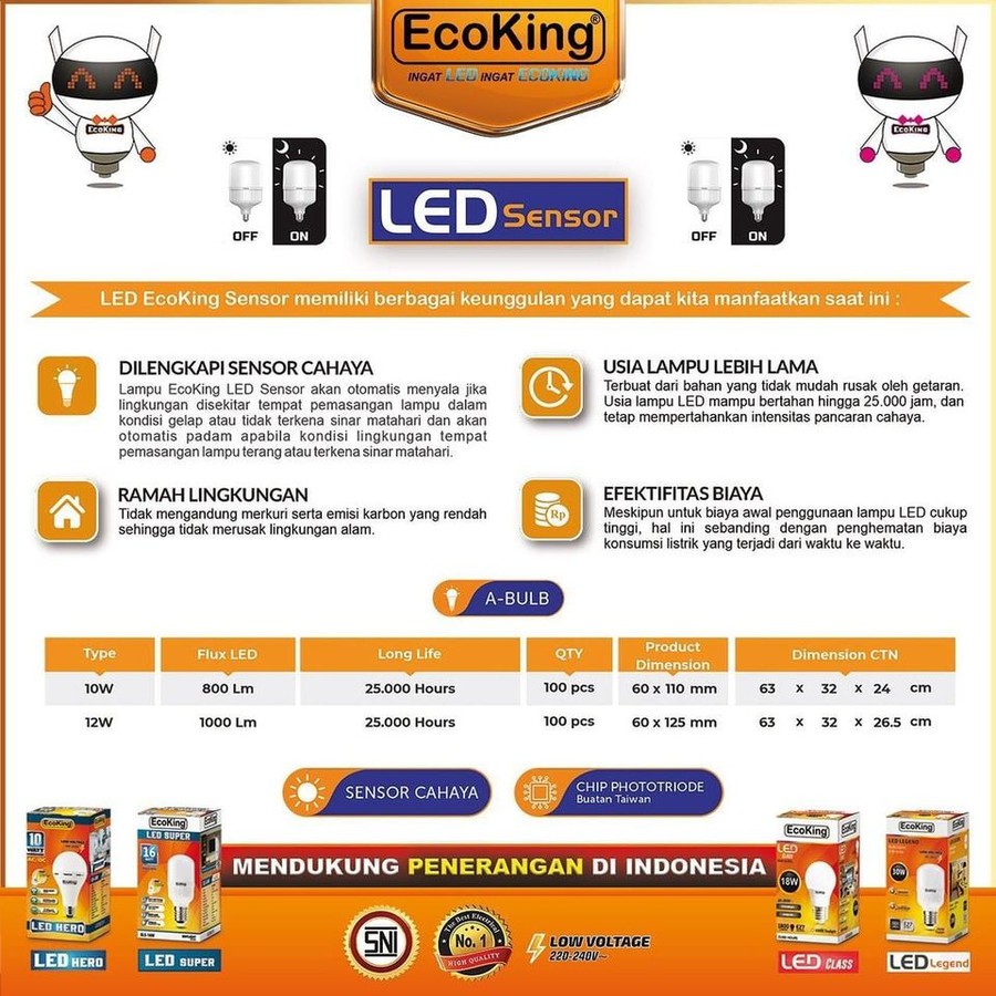 Lampu bohlam LED Sensor Cahaya 10 Watt - 10W ECOKING (PAKET 10Pcs)