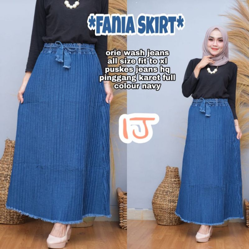 Rok plisket jeans wanita