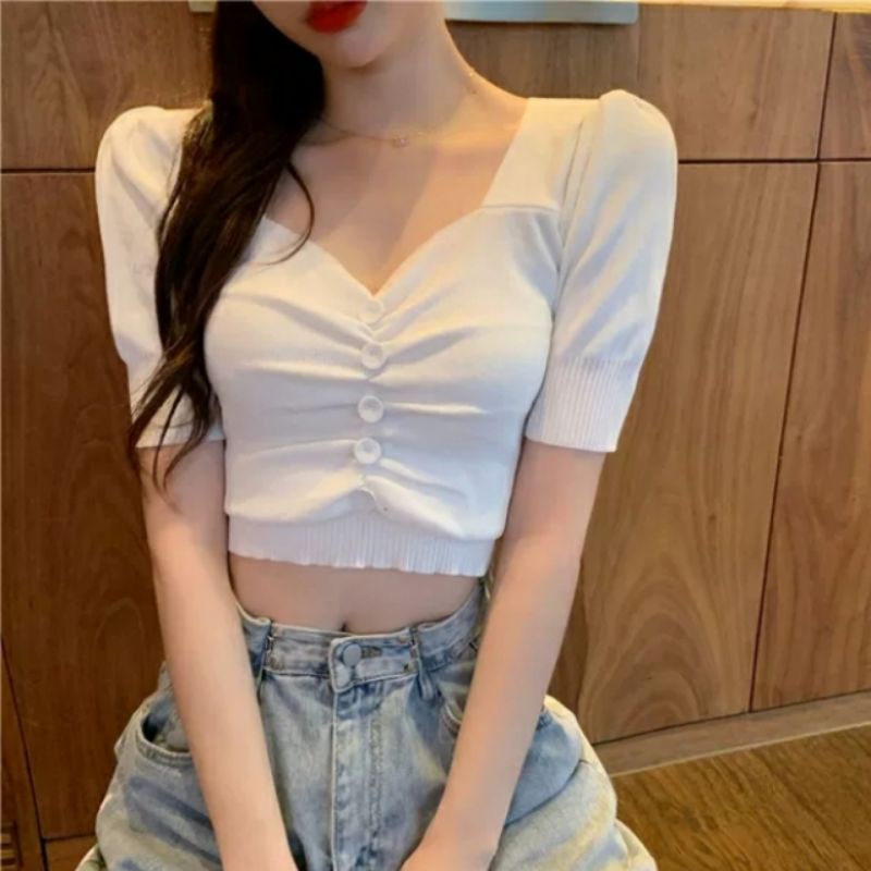 MDLV ~ E150-3 Moletta knit Cropped Top Women Knit Crop Top Atasan Crop Rajut Kancing Serut Crop Top Korea Crop Top Viral Crop Top Rajut Premium Fashion Import