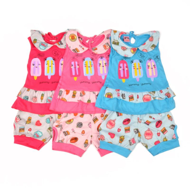 SETELAN FASHION BAJU ANAK PEREMPUAN 1-2 TAHUN ICE CREAM YUMMY LEKBONG CELANA PENDEK FREE BANDANA