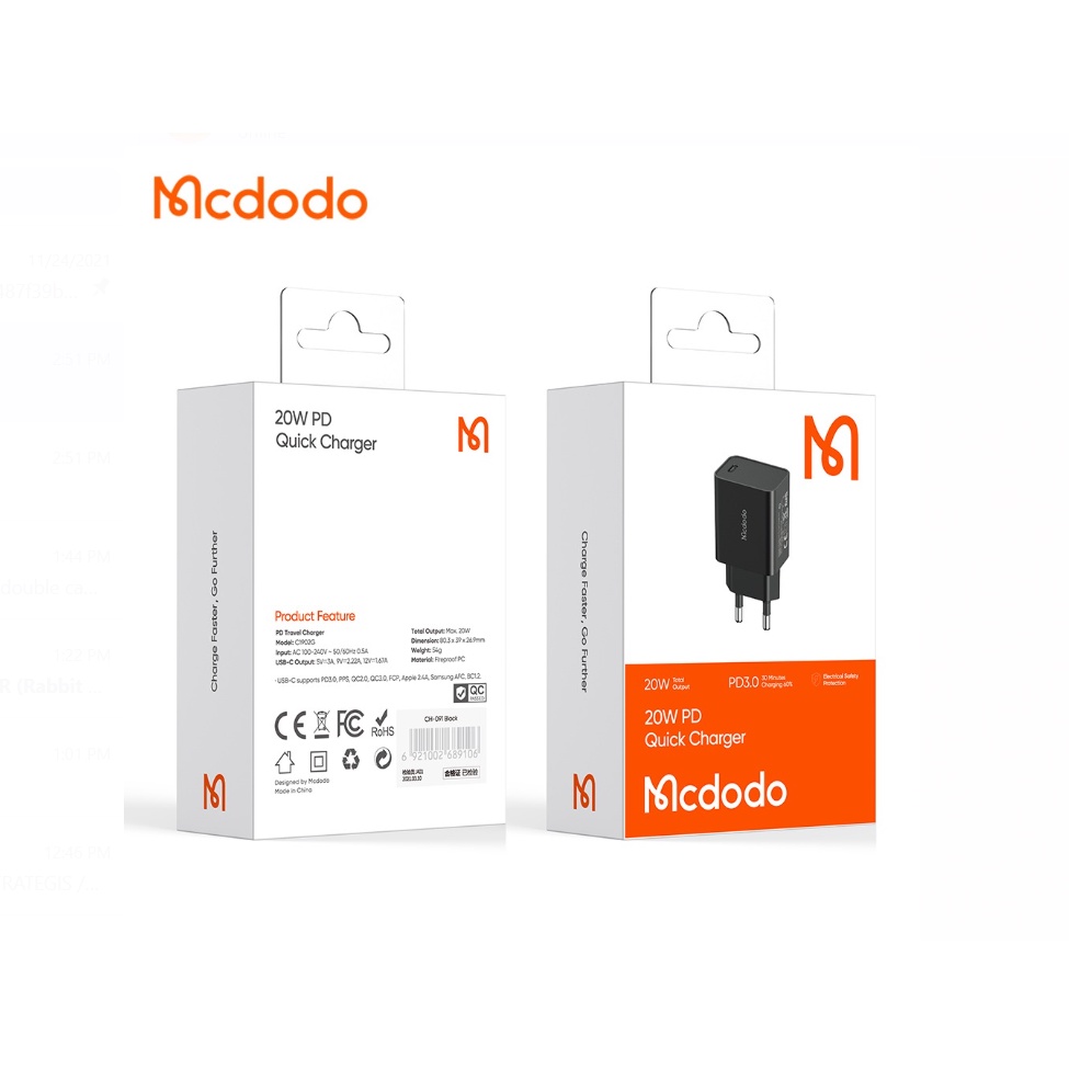 MCDODO Kepala Adaptor Charger Type C 20W iPhone 12 13 Android