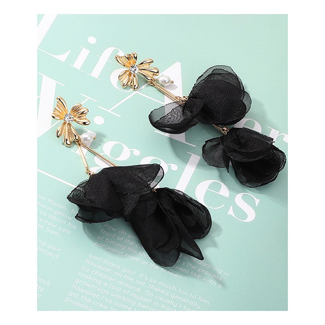 LRC Anting Tusuk Fashion Black Fabric Flower Long Pearl Earrings D94448