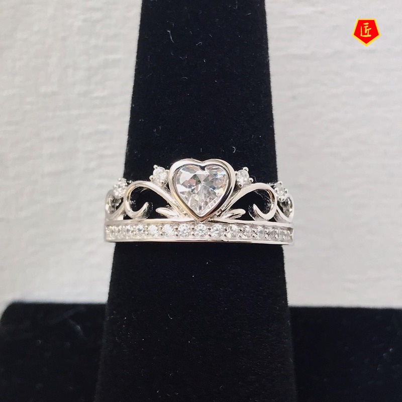 [Ready Stock]Heart-Shaped Diamond Crown Ring Fashion