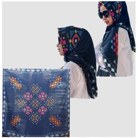 Hijab deenay kw motif corak navy jilbab kerudung segi empat